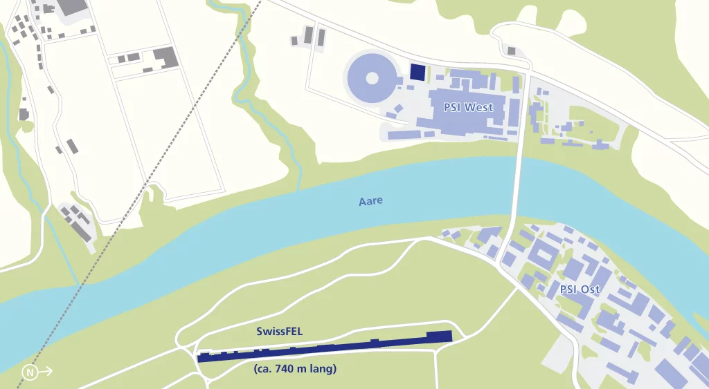 Der Freie-Elektronen-Röntgenlaser SwissFEL wird sich über eine Länge von knapp 740 Metern erstrecken und in den Würenlinger Wald in unmittelbarer Nähe des PSI-Geländes eingebettet sein.