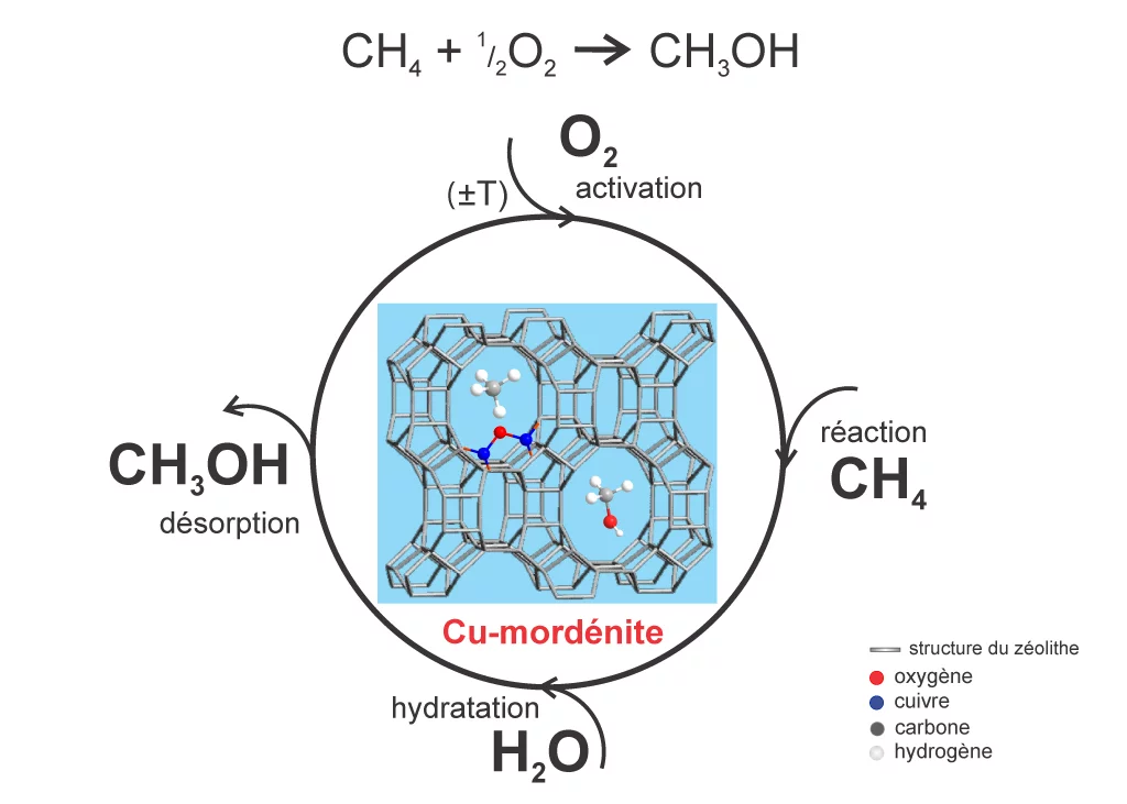 Le procéssu cyclique pour la conversion du methane en methanol consiste en quattre pas: L’activation à l’aide d’oxygène, la réaction du methane avec l’oxygène pour former du methanol, l’hydratation et la désorption du methanol en tant que produit final. Source: Institut Paul Scherrer
