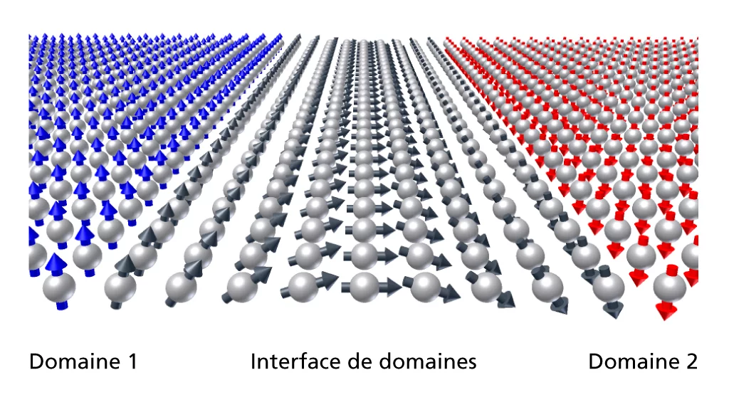 dans une mémoire magnétique les bits sont stockés dans des domaines dans lesquels tous les „aimants élémentaires“ sont orientés dans la même direction. Lorsque le contenu de la mémoire est modifié, les limites entre les domaines doivent être déplacées. Ce processus pourra être observé dans SwissFEL pour la première fois.