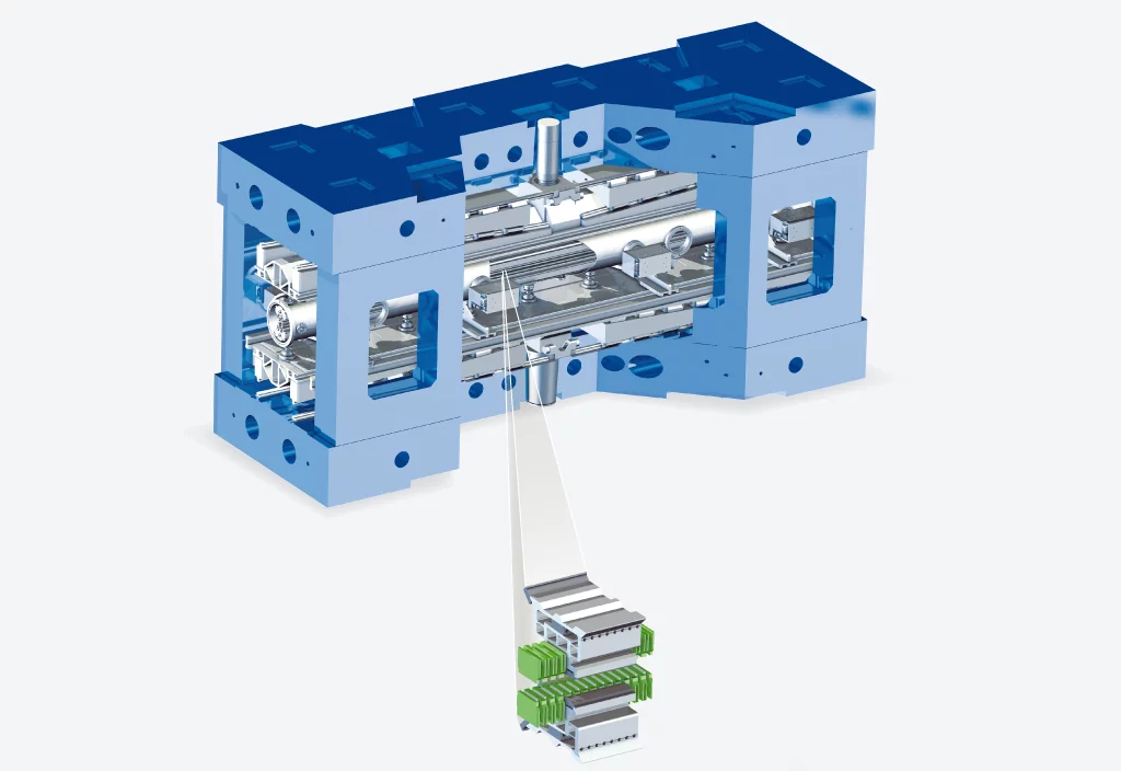 Ein Undulator wie er am SwissFEL eingesetzt werden soll. Die Elektronen werden sich durch das metallische Rohr bewegen, in dem sich auch die Magnete befinden. Der vergrösserte Ausschnitt zeigt einen Teil der Magnetanordnung.