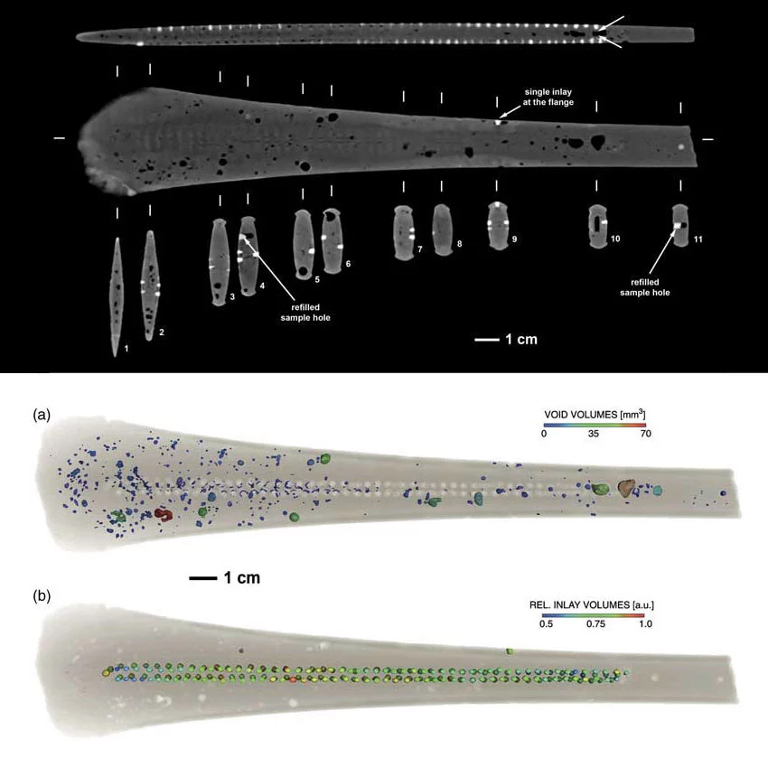 Images produites par tomographie neutronique de l’intérieur de la hache du Bronze. En haut – coupes virtuelles de la hache. Les zones sombres correspondent aux inclusions gazeuses, et les points clairs aux dorures. En bas – reconstruction virtuelle (a) répartition des bulles d’air (b) agencement des dorures.