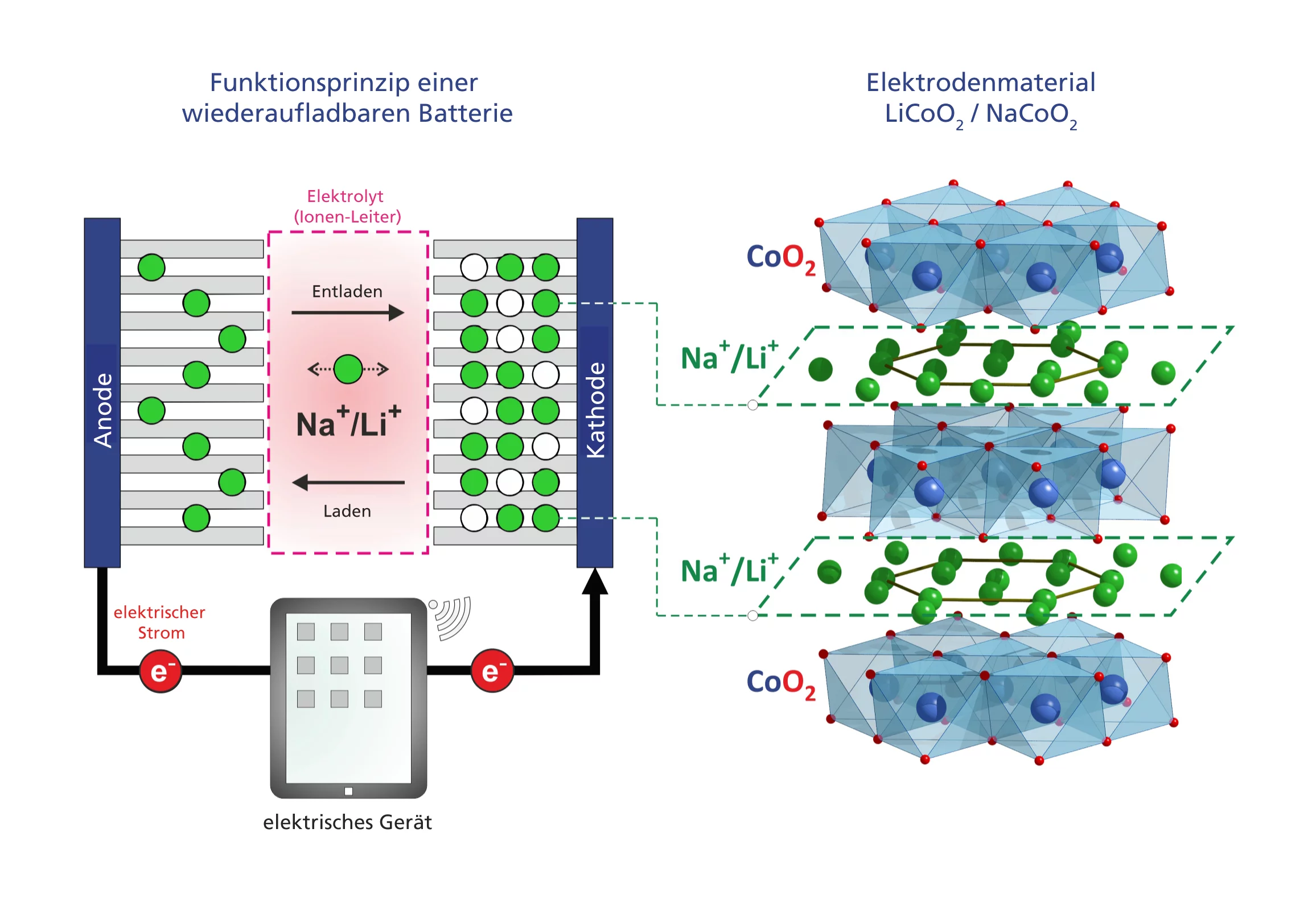 Funktionsprinzip einer Lithium-Ionen-Batterie oder zukünftigen Natrium-Ionen-Batterie (links) und Struktur des Kathodenmaterials (rechts). Das Kathodenmaterial besteht aus Schichten von Kobaltoxid CoO2, zwischen denen sich Schichten aus beweglichen Lithium- bzw. Natrium-Ionen befinden – die Stellen, an denen sich die Ionen in der Schicht befinden können, bilden dabei ein Dreiecksmuster. In der Batterie fliessen die Ionen beim Entladen durch den Elektrolyt hindurch von der Kathode und Anode, während die Ele…