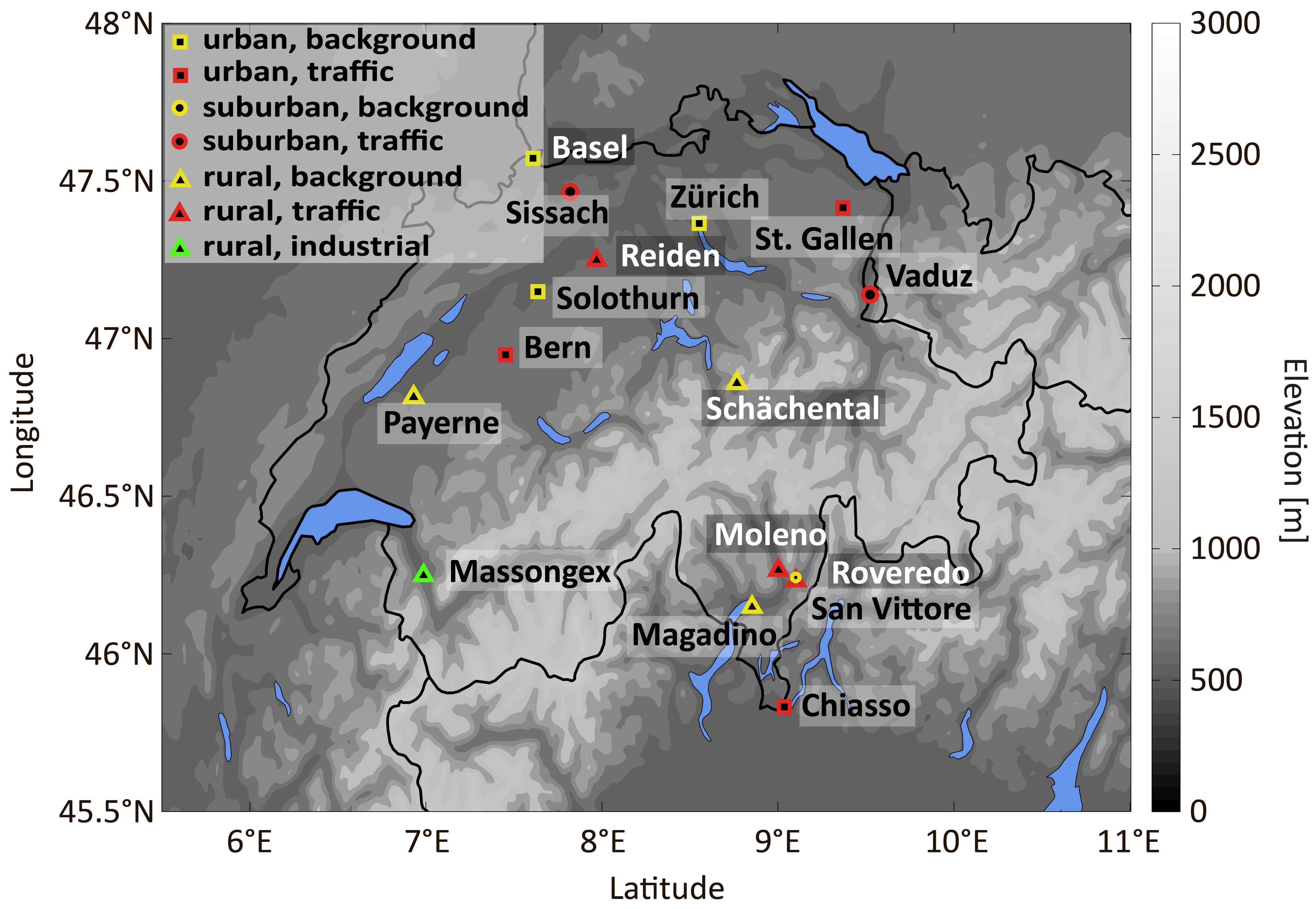 Carte montrant les endroits où les concentrations des particules fines ont été mesurées. Source: Institut Paul Scherrer.