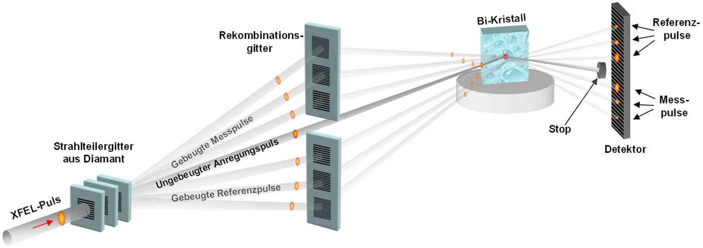 Prinzip des neuen Experimentaufbaus zur Untersuchung schneller Prozesse am Röntgenlaser Der Röntgenpuls kommt von links vom Röntgenlaser und passiert dann mehrere hintereinander angeordnete Gitter – kleine Diamantplatten mit eingeätzten feinen Linien. Diese Gitter spalten den Puls in mehrere Pulse auf – ein intensiver Hauptpuls fliegt geradeaus weiter, während mehrere schwächere Pulse in verschiedene Richtungen zur Seite fliegen (im Bild nach oben oder unten). Der Hauptpuls trifft als erster auf die unters…
