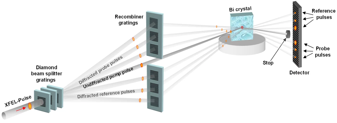The principle of the new experimental setup to study rapid processes on the x-ray laser The x-ray pulse comes from the x-ray laser from the left and passes several lattices arranged one behind the other – small diamond sheets with fine lines etched into them. These lattices split the pulse into several pulses: one intensive main pulse keeps flying straight on while several weaker pulses fly off to the side in different directions (upwards or downwards in the picture). The main pulse is the first to hit the…