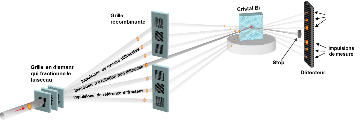 Principe du nouveau dispositif expérimental pour l’analyse de processus rapides à l’aide du laser à rayons X  L’impulsion de rayons X produite par le laser à rayons X arrive par la gauche et passe par plusieurs grilles, disposées les unes derrière les autres. Ces grilles sont de petites plaques de diamant, gravées de fines lignes. Elles fractionnent l’impulsion en plusieurs parties. L’impulsion principale poursuit sa trajectoire tout droit, alors que plusieurs impulsions de plus faible intensité adoptent d…