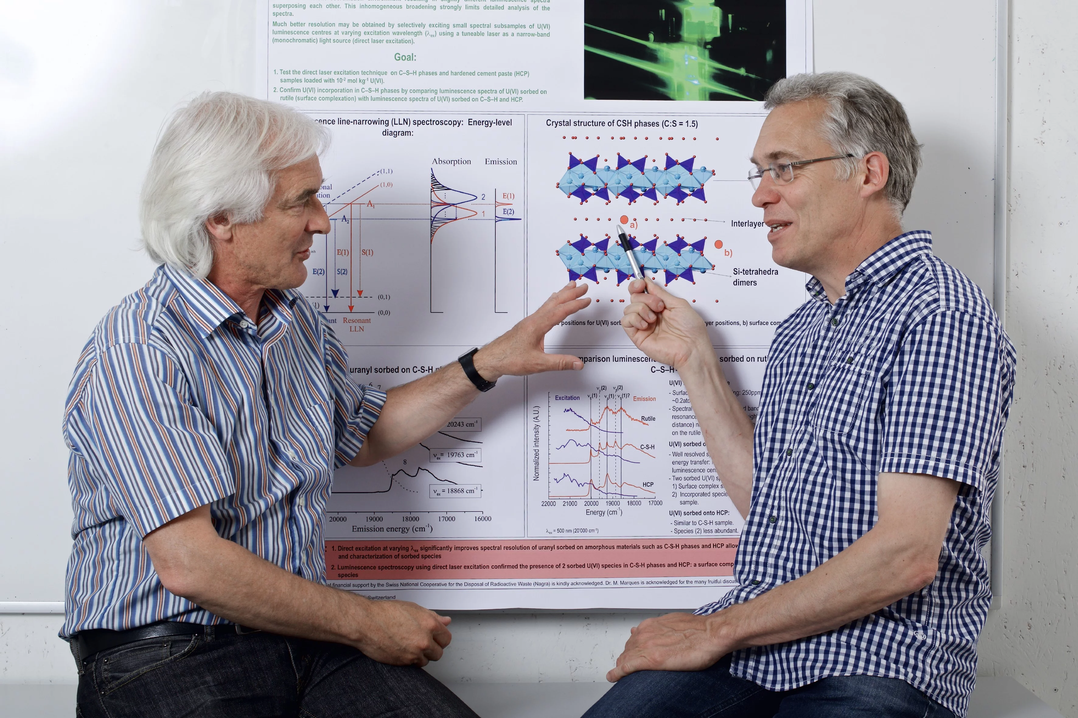 Les chercheurs du PSI Erich Wieland (à gauche) et Jan Tits ont démontré comment le ciment réduit la mobilité de l’uranium  dans un dépôt en couches géologiques profondes. (Photo : Markus Fischer/Institut Paul Scherrer)