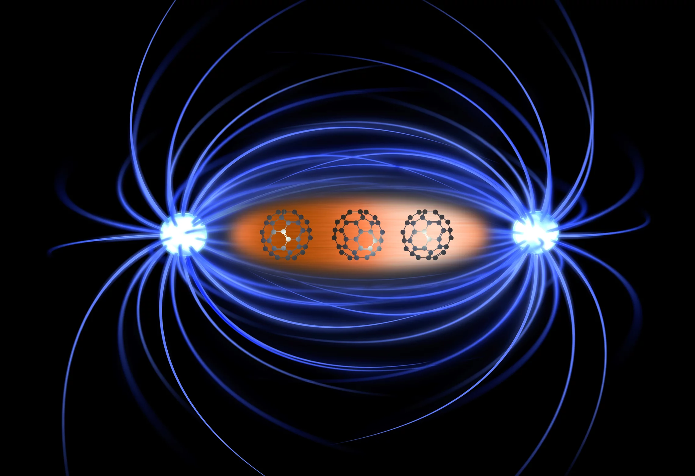 Artistic impression of the research result: the combination of carbon-60 molecules (so-called buckyballs) makes non-magnetic copper magnetic. (Source: University of Leeds and iStockPhoto)