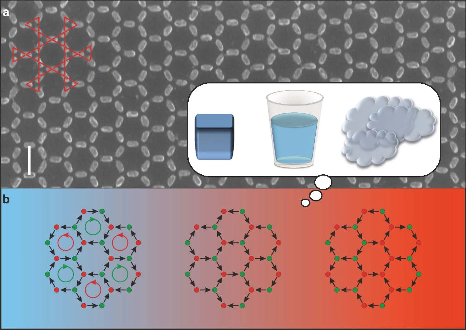 Des chercheurs du PSI ont créé un métamatériau à partir de nano-aimants allongés, qu’ils ont disposés de manière à former une structure en nid d’abeilles. L’ordre de magnétisation de ce matériau artificiel a adopté des états nettement différents en fonction des changements de température. De la même que les molécules d’eau sont plus ordonnées sous forme de glace que sous forme d’eau, et plus ordonnées sous forme d’eau que sous forme de vapeur. 