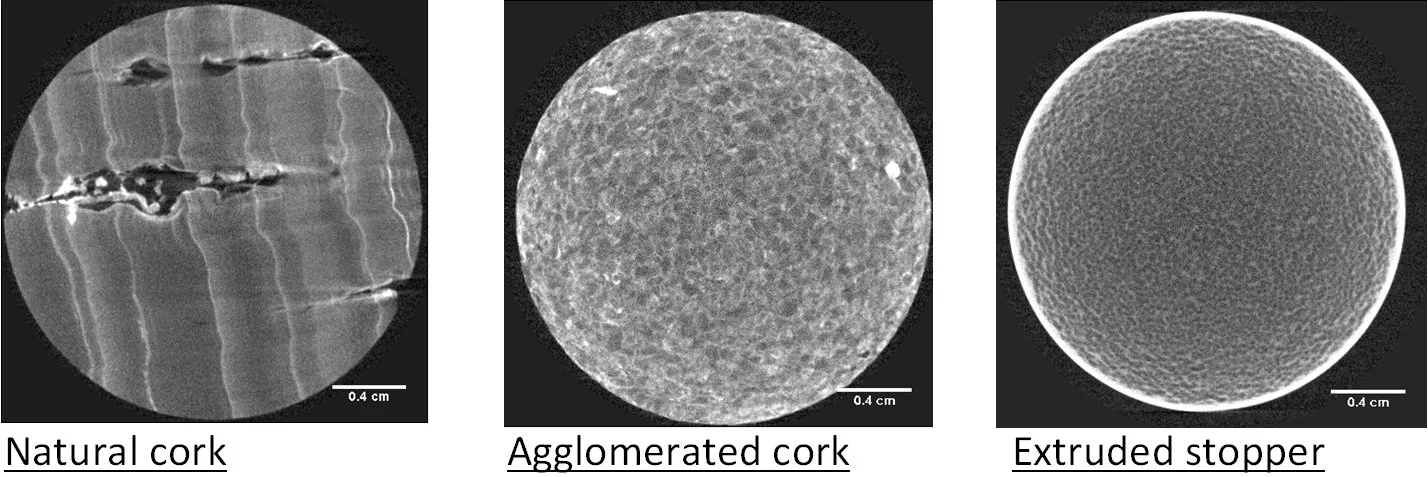 Transversal slices (XY) from neutron microtomographies of three different stoppers (left: natural cork, center: polyethylene stopper and right: agglomerated cork) on the ICON beamline