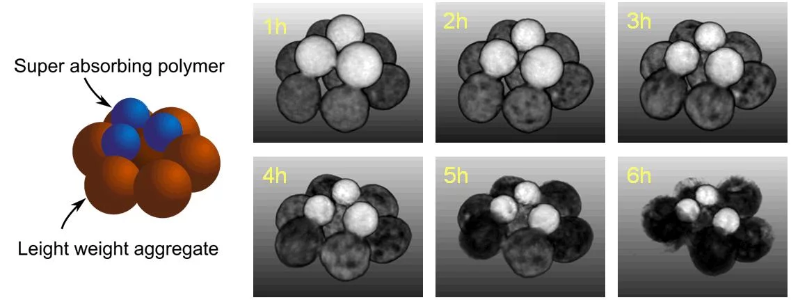 Figure 2: Humidity exchange between small spheres followed in 3D over time.