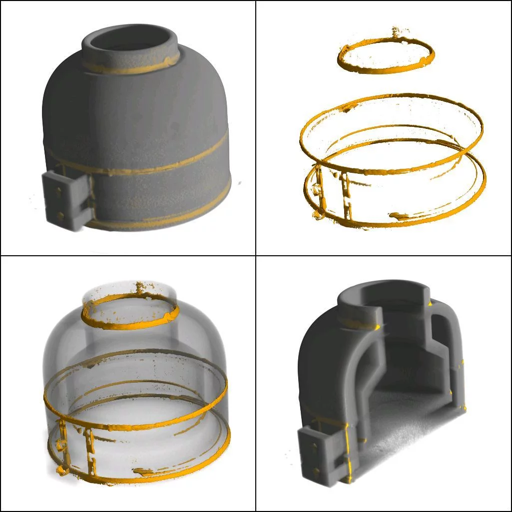 Boron containing brazing solder within test sample investigated by neutron computer tomography
A: Outside view, B: Brazing material distribution
C: Semi-transparent rendering, D: Orthogonal cut through sample