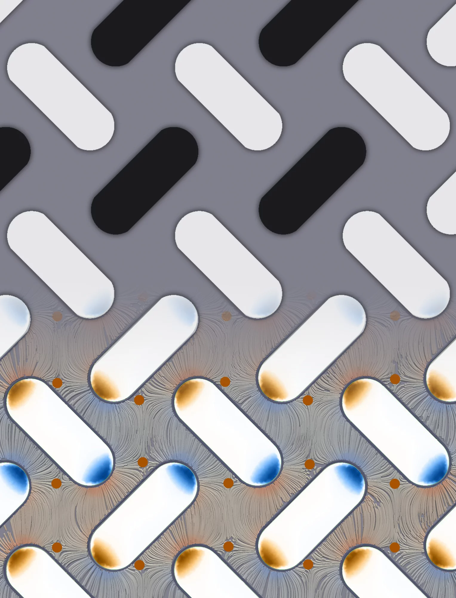 Simulation of the magnetic state observed in the x-ray measurements. Upper part: The magnetization points towards the bottom of the image in the ‘dark’ nanomagnets and towards the top of the image in the ‘white’ nanomagnets. Lower part: simulated magnetic-field structure within the array, generated by the magnetic north (brown) and south (blue) poles within each nanomagnet.