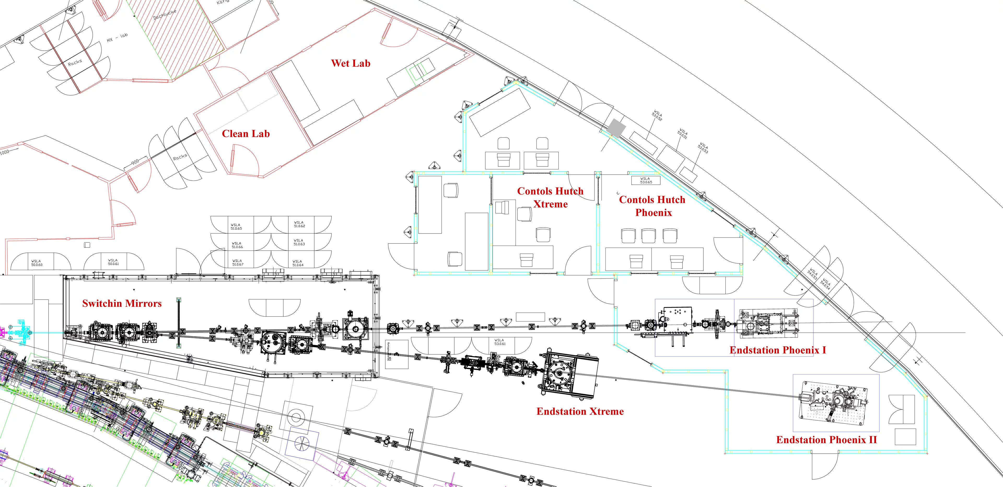 Layout of the beamline and hutches.