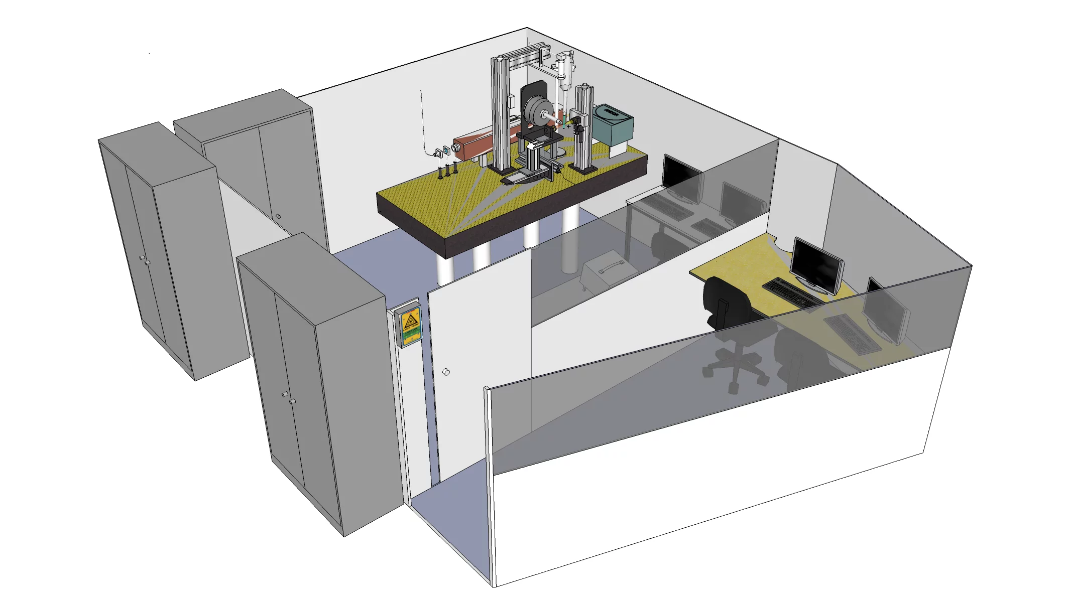 Figure 7: The SLSpectroLAB facility showing both the Control Hutch (front) and the Experimental Hutch (back) with the goniometer, mircospectrophotometer and laser assembly.
