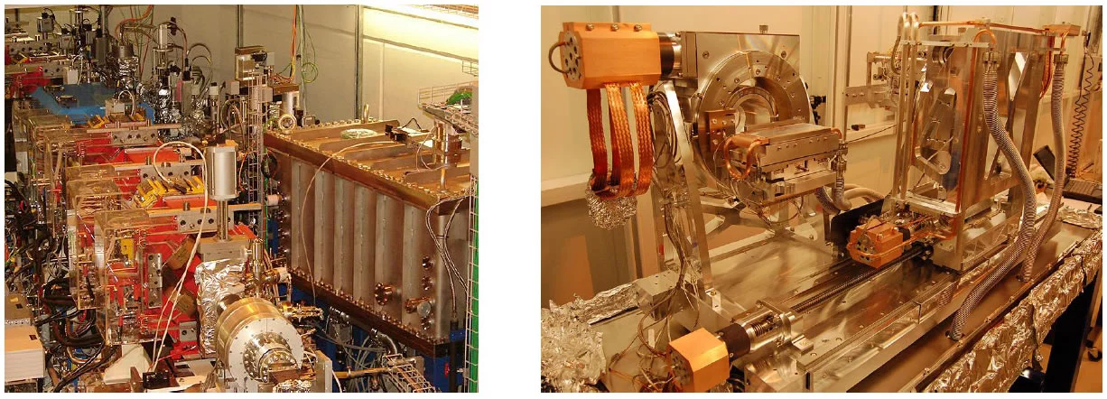 Left: View of the sector 2 of the SLS tunnel: visible are the magnets of the storage ring (in the foreground) as well as the TOMCAT front end (background). The monochromator vacuum chamber is clearly visible on the right side. Right: View of the mechanics of the mono: the multilayer crystals are mounted on two separate goniometer towers. The first crystal can be adjusted in transverse direction as well as in pitch and roll. The second crystal has transverse, longitudinal (up to 850 mm range), vertical as w…