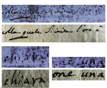 Several examples of tomography reconstructed inner page portions revealing words and sentences (top), compared to visible pictures (bottom) [4].