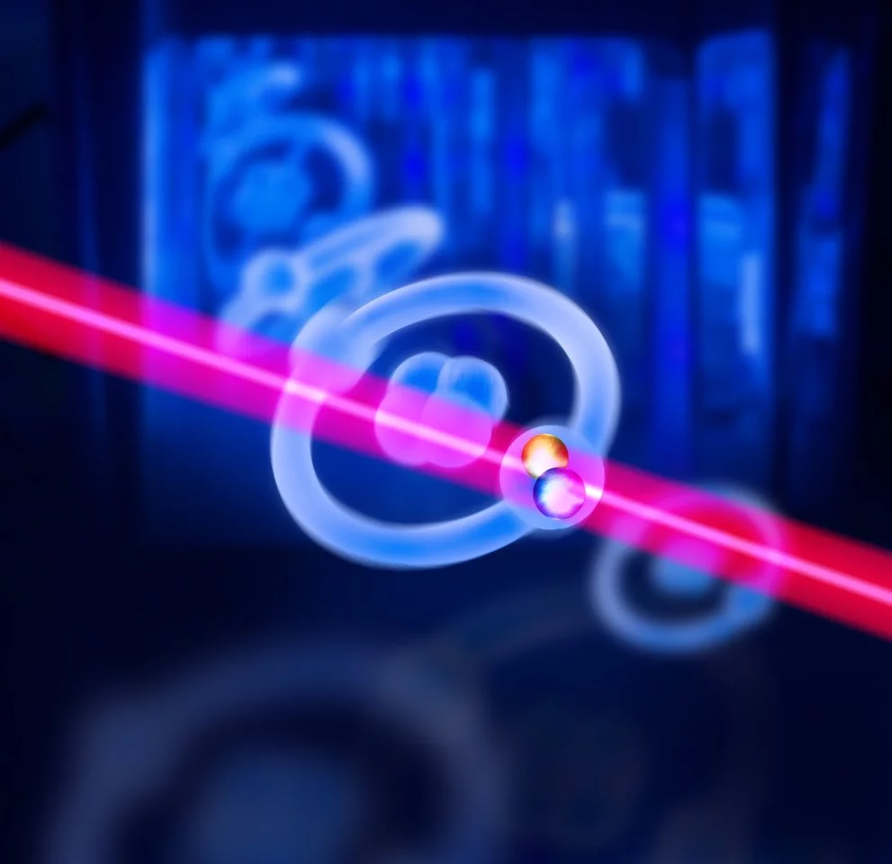 Représentation artistique de l’hélium pionique dans la lumière laser.