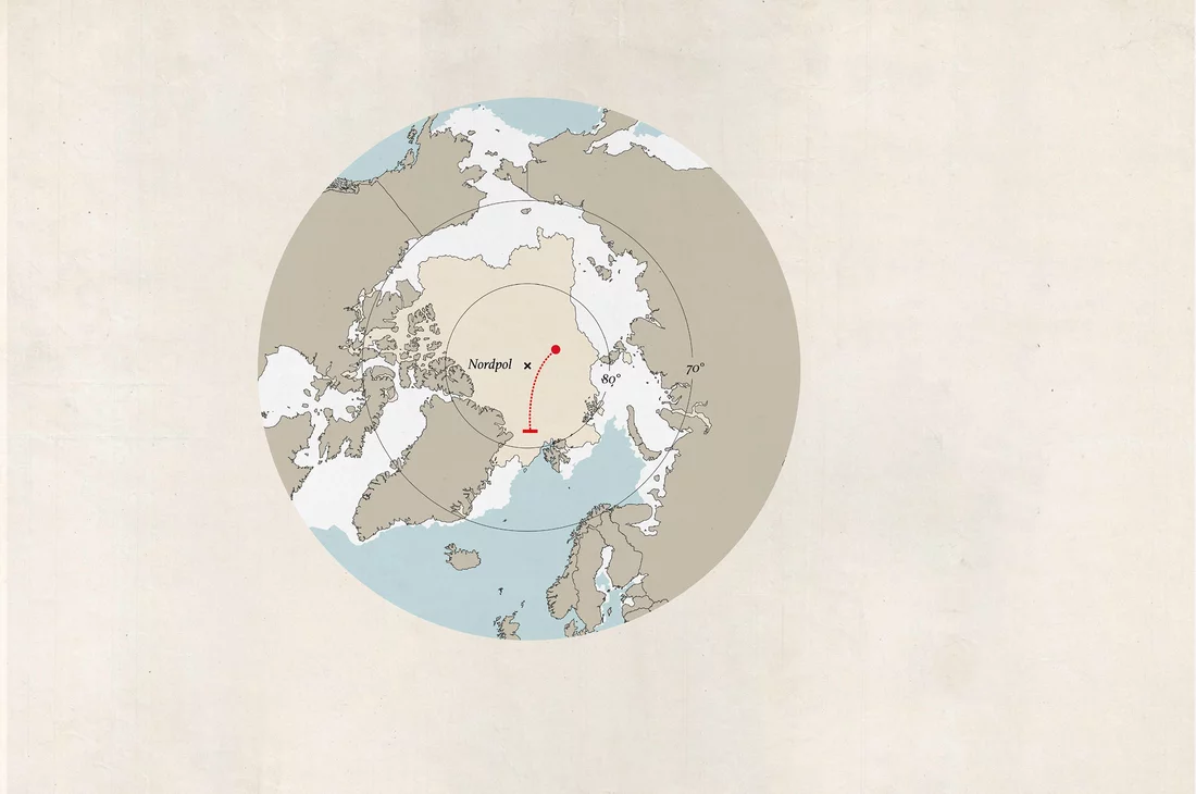 During the MOSAiC expedition, the research vessel Polarstern allowed itself to be frozen in the Arctic winter and carried along with the ice drift until spring along the route marked in red. 