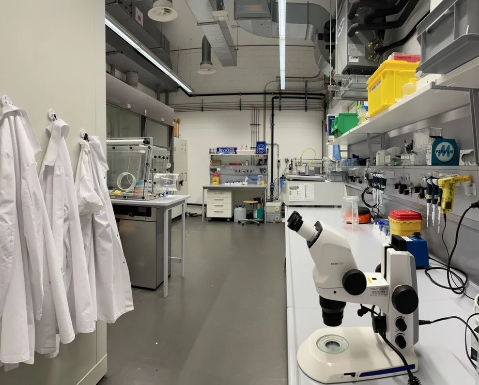 A chemistry laboratory with lab coats, fume hoods and other scientific equipment