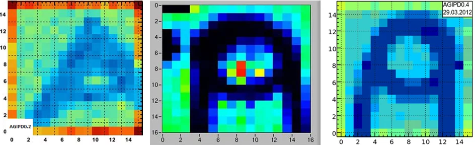 First imaging tests with the AGIPD prototype chips in an X-Ray box. The 'A' was made from copper. (From left to right) AGIPD0.2, AGIPD0.3, AGIPD0.4