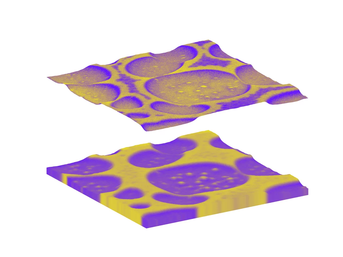 Result of a measurement showing the distribution of two different polymers in a sample (corresponding to the two colours). The results for the surface (top) and the inner bulk (bottom) are shown separately.