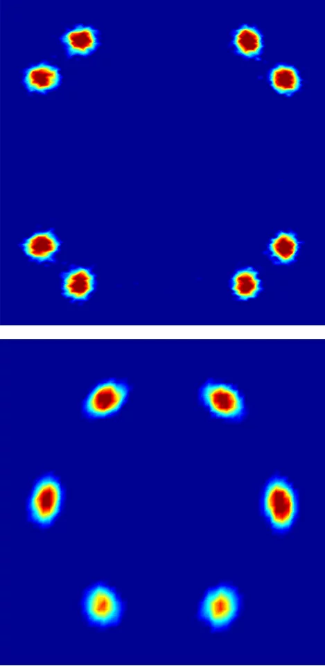 Neutron scattering diagrams reflecting the arrangement of the flux lines in a superconductor. In the experiment, a beam of neutrons passes through the superconductor and part of the neutrons are deflected (scattered) in various directions by the arrangement of flux lines. The colour in the diagrams reflects the number of neutrons scattered in the particular directions (blue – few neutrons, red – many neutrons). Both diagrams were recorded at the same conditions except for the orientation of the sample.