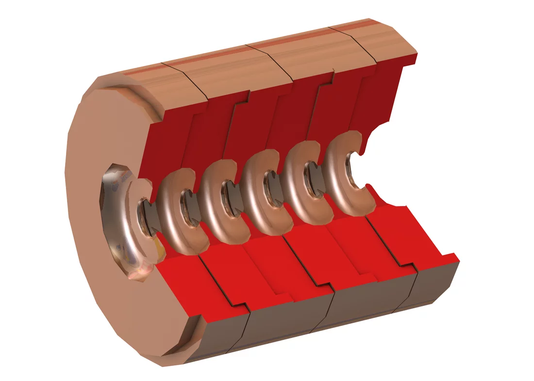 Schnitt durch einen Teil einer Beschleunigungskavität. Man sieht, wie sich die Kupfertassen zu der Kavität zusammenfügen.