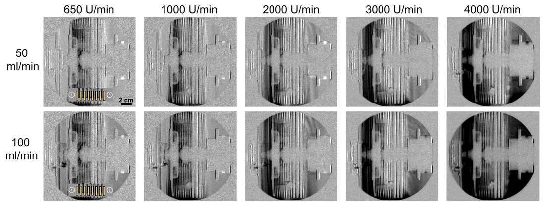 Die Neutronenradiografie zeigt, dass nur die ersten drei Kupplungslamellen ausreichend mit Öl versorgt werden, unabhängig von der Drehzahl und dem Ölvolumenstrom (die Lamellen sind von links nach rechts nummeriert).