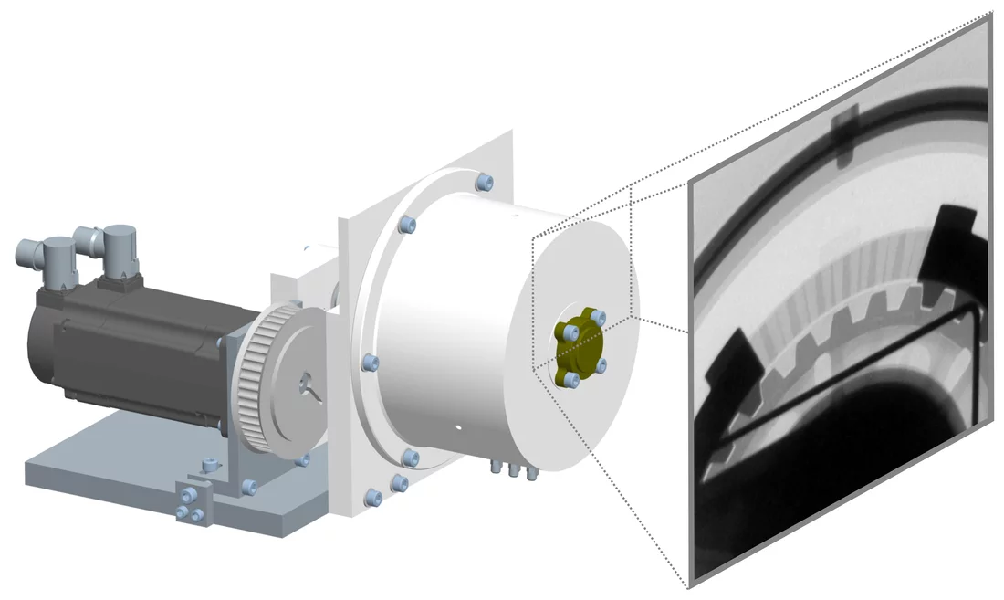 Das Metallgehäuse der Motoradkupplung wurde am PSI mit Neutronen durchleuchtet, um die Verteilung des Schmieröls sichtbar zu machen. Im Gegensatz zu Röntgenstrahlen durchqueren Neutronen das Metall praktisch ungehindert und werden erst durch das Schmieröl absorbiert.