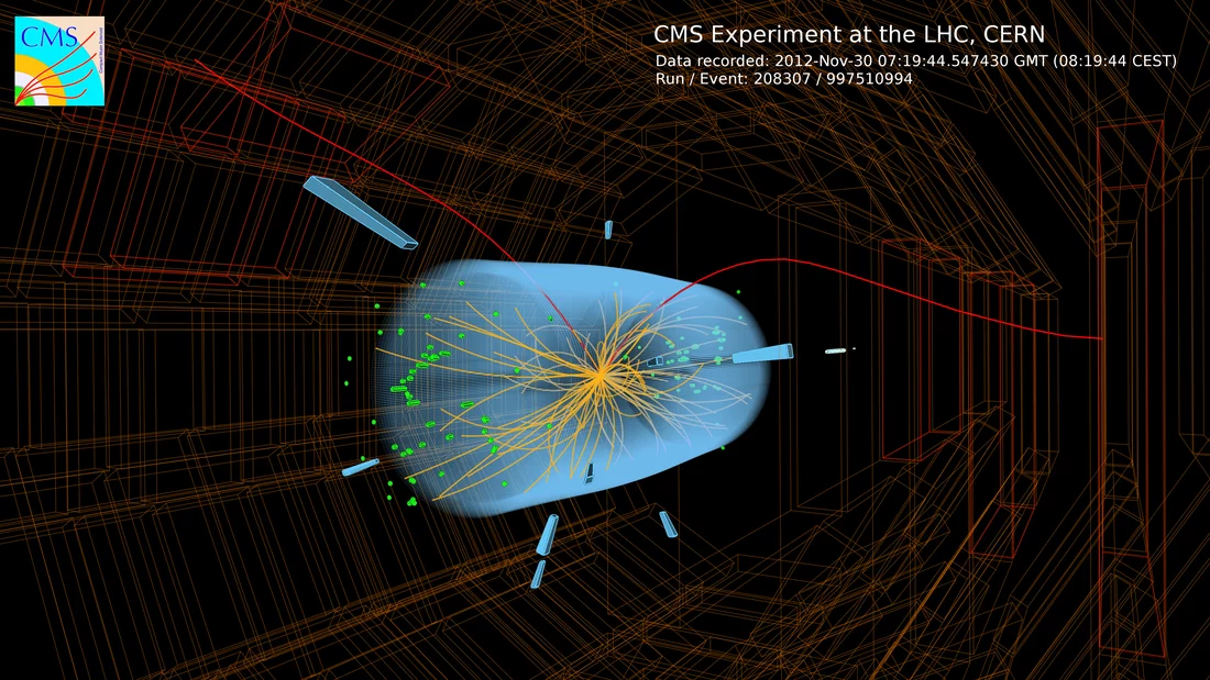Ein Ereignis, bei dem ein Myonenpaar beobachtet worden ist. Die deutlichen roten Linien zeigen die Spuren zweier Myonen. Die Spuren sind wegen des Magnetfeldes gebogen. Die goldenen Linien entsprechen verschiedenen Teilchenspuren im Inneren des Detektors. Der blaue Zylinder ist der innere Detektor, von dem der am PSI entwickelte Pixel-Detektor einen Teil bildet. Die schwachen roten Linien stellen umrisshaft das Myonsystem, in dem die Myonen nachgewiesen werden, dar.