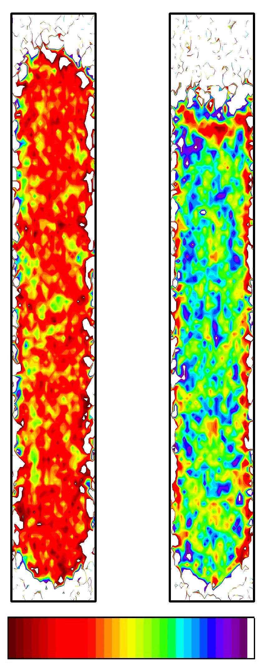 Räumliche Verteilung von Eis und Wasser in einer zylindrischen Wassersäule, wie sie in der vorliegenden Studie mit der neuen Neutronenbildgebungstechnik gemessen wurde. Rot bedeutet: nur Eis vorhanden, Violett: nur flüssiges Wasser. Bild. American Physical Society.