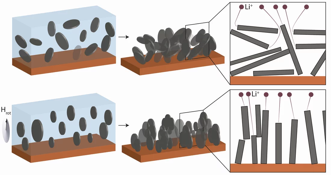 Die Grafitflocken in einer herkömmlichen Anode liegen kreuz und quer zueinander (oben links und mitte). Lithiumionen, die dort andocken oder wieder zurück zur Kathode wandern wollen, müssen Umwege gehen (oben rechts). Setzt man den Grafit jedoch einem rotierenden Magnetfeld aus (unten), so richten sich die Flocken in der Suspension alle vertikal und parallel zueinander aus. Diese Orientierung behalten sie auch nach Trocknen der Suspension bei (unten mitte). Die Ionen haben kürzere Wege (unten rechts). (Gra…