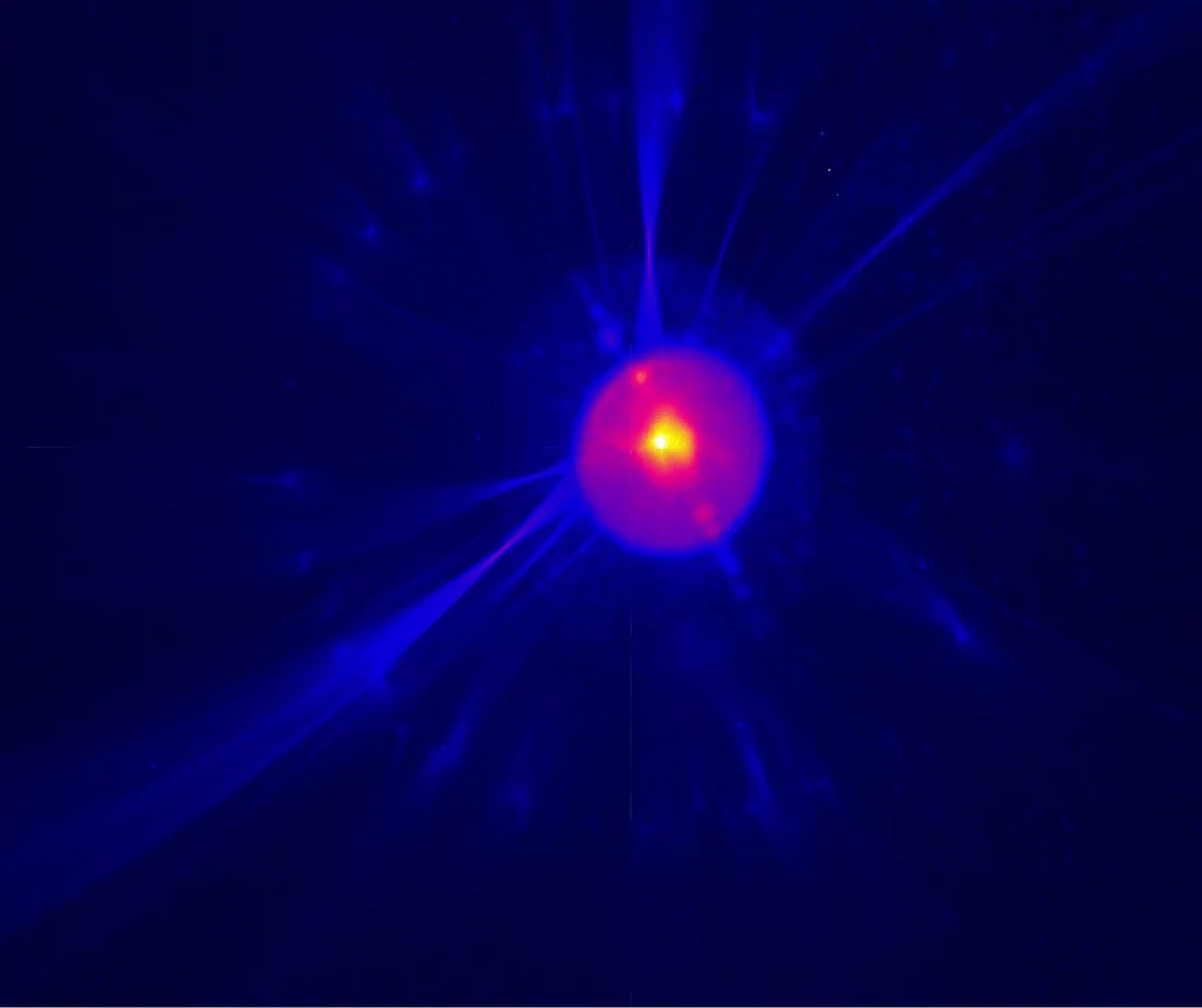 Evidence of first electrons produced at PSI’s future large research facility SwissFEL. Electrons with the necessary properties for producing SwissFEL’s x-ray pulses are shown in yellow. (Photo: Paul Scherrer Institut/Thomas Schietinger)