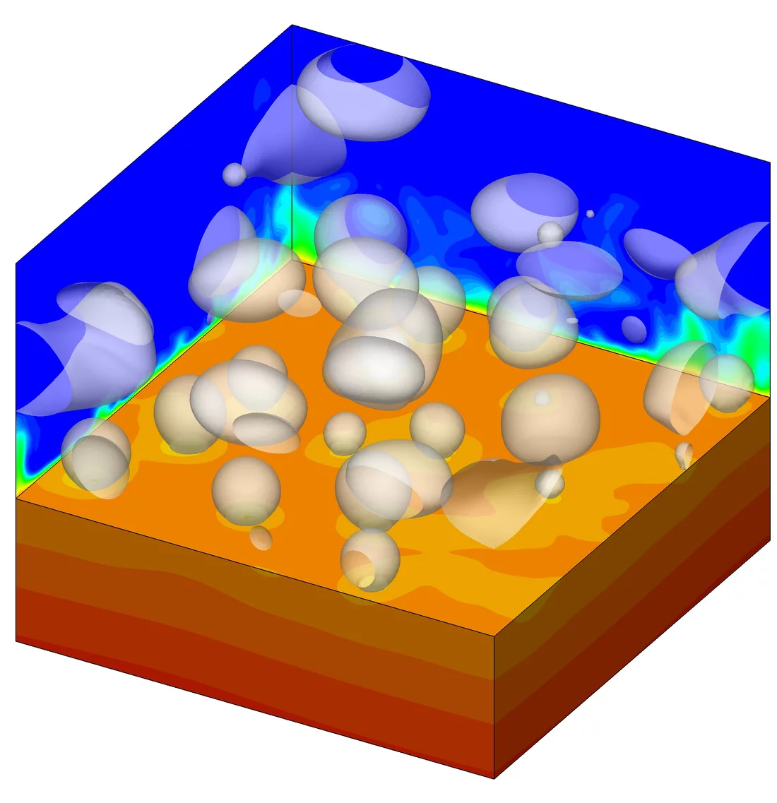 Dampfblasen in siedendem Wasser – berechnet von Forschenden des PSI. Verschiedene Temperaturen sind durch verschiedene Farben gekennzeichnet und reichen von 100 Grad Celsius (blau) bis 115 Grad Celsius (rot). (Quelle: Paul Scherrer Institut/Yohei Sato)