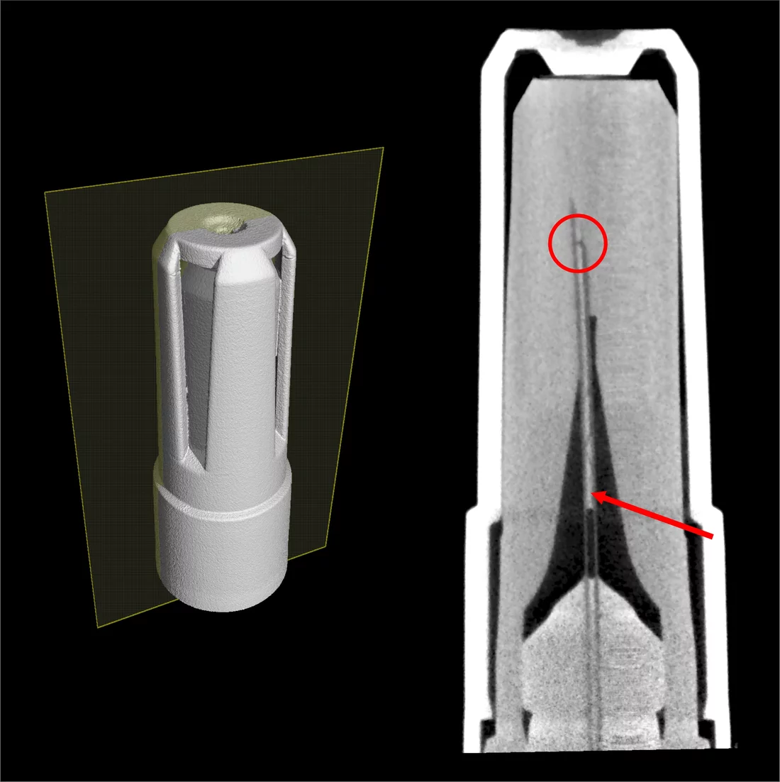 Neutron tomography image of a pre-filled syringe in which some of the medication has intruded into the cannula. Left: 3D view of the needle including its protective cap. Right: Cross-section through the interior of the needle (along the surface shown in yellow in the left picture). The red arrow indicates the medication that has intruded into the cannula, visible as a light area; the red circle marks one of several dark-looking cracks in the medication in the cannula. (Photo: Paul Scherrer Institute/Christ…