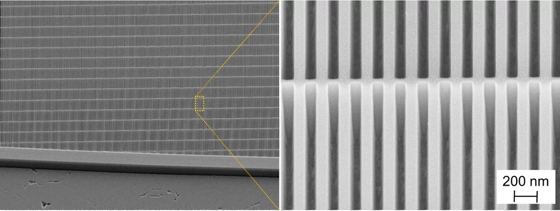 Figure 2: Diamond phase gratings with 200 nm pitch made by the Laboratory for Micro and Nanotechnology group at PSI