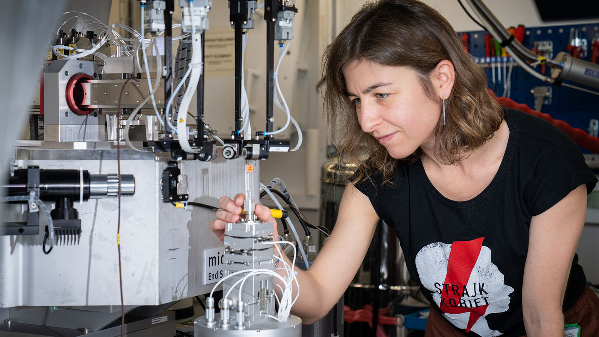 Malgorzata Makowska, scientist at the MicroXAS beamline of the SLS, carefully positions a standard material for setup calibration on the sample manipulator in front of the X-ray beam.  