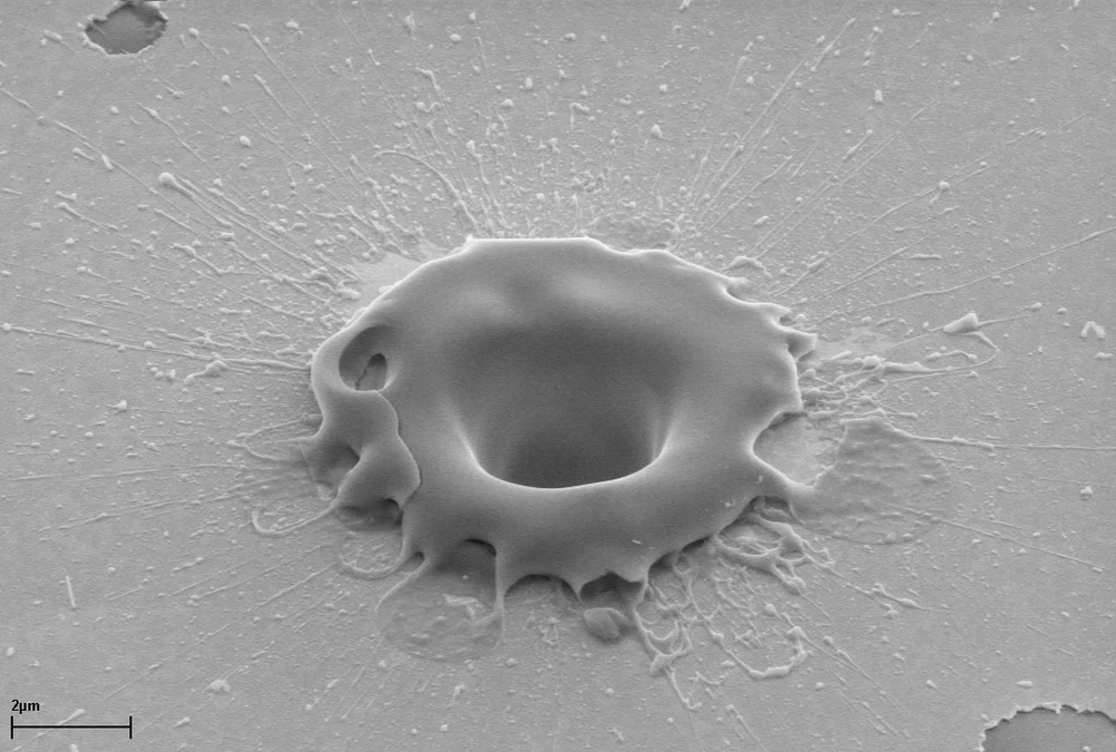 Der von einer diamantenen Zonenplatte fokussierte Röntgenlaserpuls erzeugt Krater in einer Metalloberfläche. Bei voller Pulsstärke beträgt der Durchmesser einige Tausend Nanometer (REM-Aufnahme)