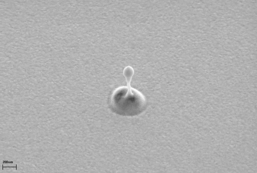 Der von einer diamantenen Zonenplatte fokussierte Röntgenlaserpuls erzeugt Krater in einer Metalloberfläche. Bei tausendfacher Abschwächung: Krater mit 500 Nanometer Durchmesser (REM-Aufnahme)