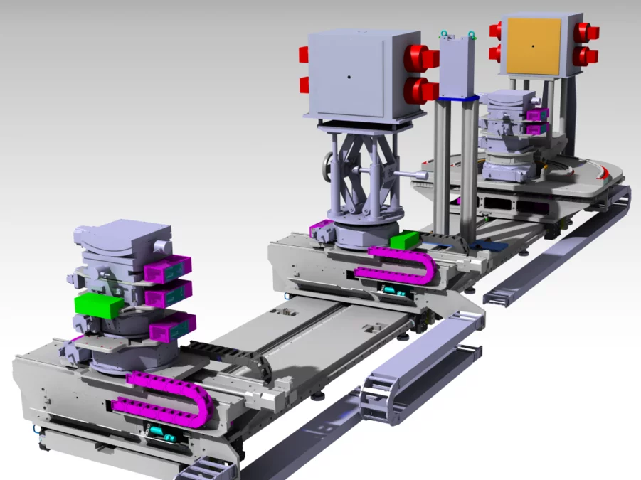 Falcon modular motorized tables with motion electronic (pink) and connector interfaces (green) for instrumentation on top of the tables.