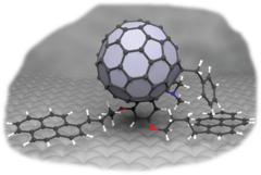 Artist's view of the functionalized endohedral fullerene on a graphite surface.