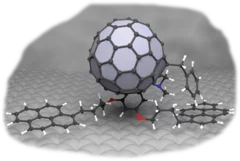 Artist's view of the functionalized endohedral fullerene on a graphite surface.