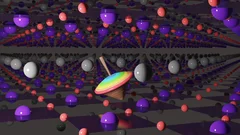 A muon, center, spins like a top within the atomic lattice of a thin film of superconducting nickelate.