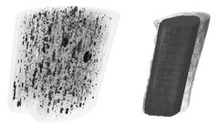(top) 3D rendering of density distribution within carbon fibers, where high- and low-density regions are shown in black and in a semitransparent gray tone, respectively. On the left we show a fiber of 25 µm diameter, and on the right a 10 µm-diameter fiber made from a different precursor. Remarkable differences are observed between the two fibers.