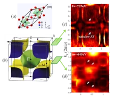 (a) Rhombohedral distortion of the pseudocubic La1−xSrxMnO3 lattice; (b) GGA+U theoretical FS; (c,d) Experimental FS cross-sections, with the shadow contours manifesting the lattice distortion.