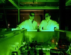 PSI researchers Mostafa Shalaby and Christoph Hauri in PSI's laser laboratory, where they produced the smallest possible flash of terahertz light. (Photo: Scanderbeg Sauer Photography)