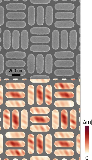 Scanning electron microscopy image of the chiral nanomagnet array and simulated spin wave modes.