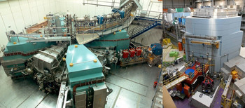 Paul Scherrer Institut PSI: Injektor-2-separated-sector-Zyklotron (links) und die Spallationsneutronenquelle Schweiz SINQ (rechts)