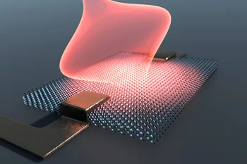 Ein quasi-zweidimensionaler Kristall zwischen Kontakten wird durch einen Laserpuls (rot) angeregt.